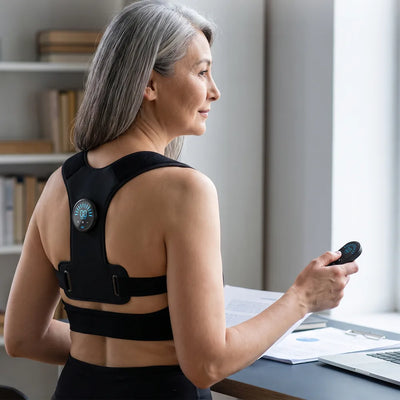 Woman at a desk changing the PostureFit setting with the wireless remote