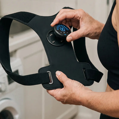 Hands snapping the controller off the PostureFit brace before washing