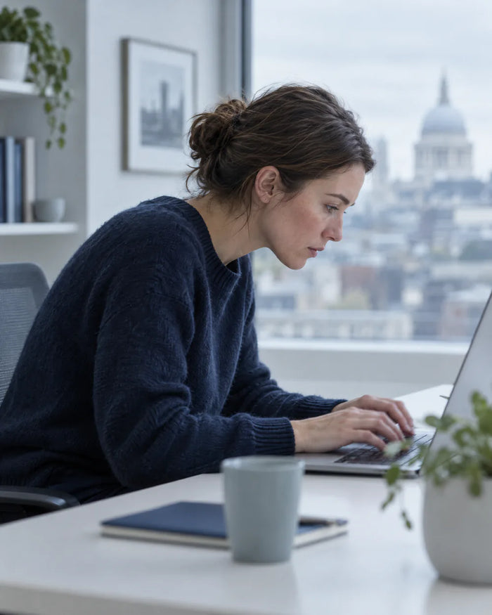 Woman working on a laptop in an office, shoulders rounded and head drifting towards the screen