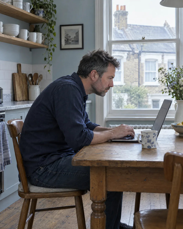 Man working from home at a kitchen table, hunched over a low laptop
