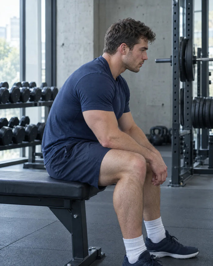 Muscular man sitting on a gym bench with shoulders rolled forward