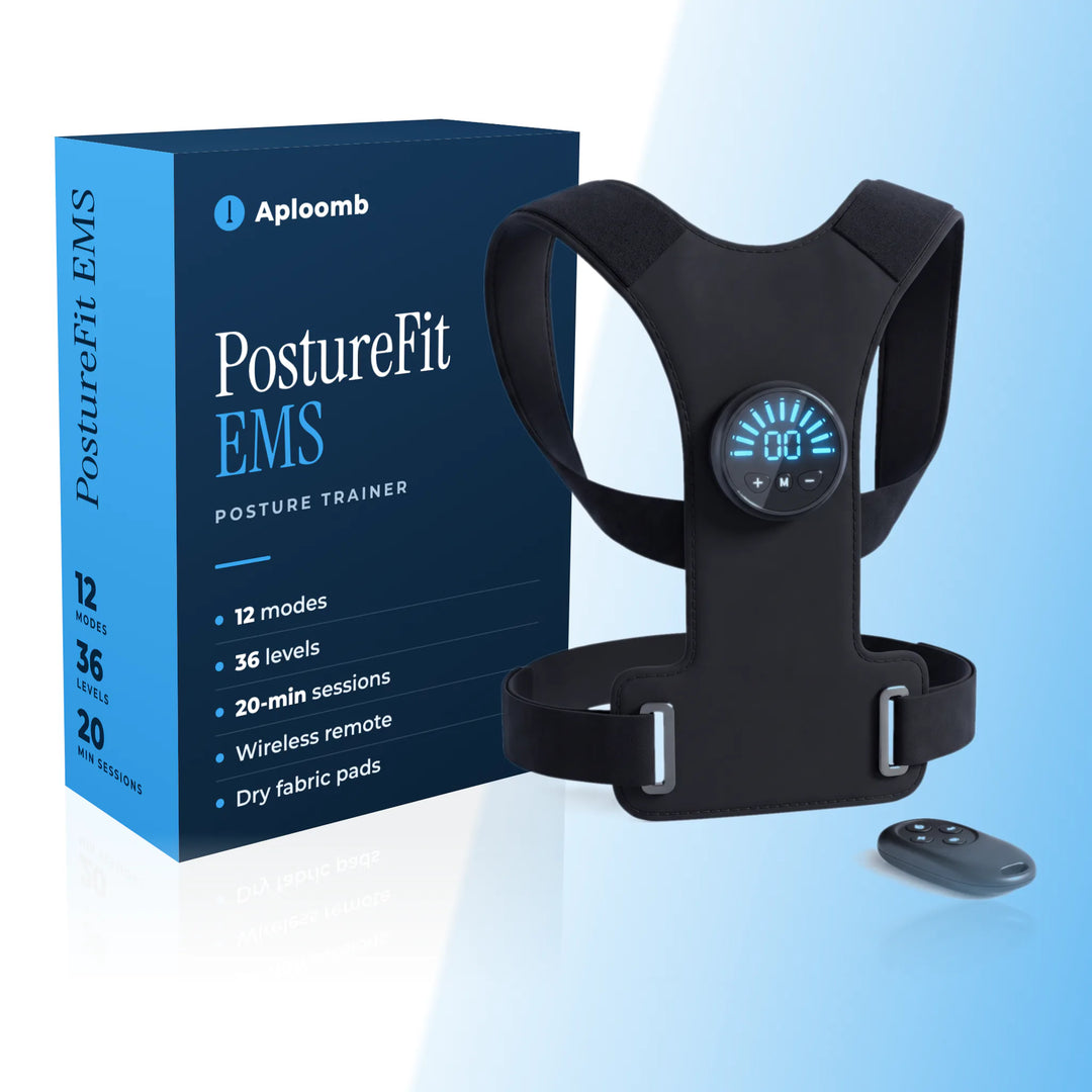 Aploomb PostureFit EMS: the box, the brace with its round controller and the wireless remote on a white and sky-blue background