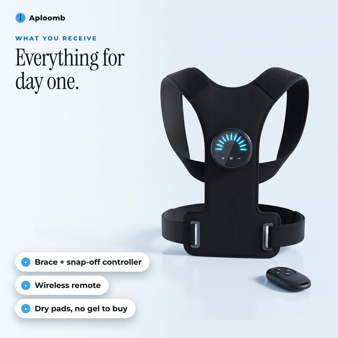 What you receive: the PostureFit brace with snap-off controller and the wireless remote