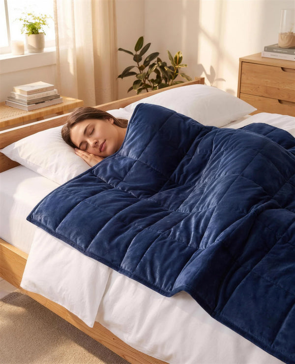 Person sleeping in bed under the Aploomb Weighted Blanket