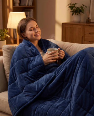 Woman relaxing on a couch wrapped in the Aploomb Weighted Blanket