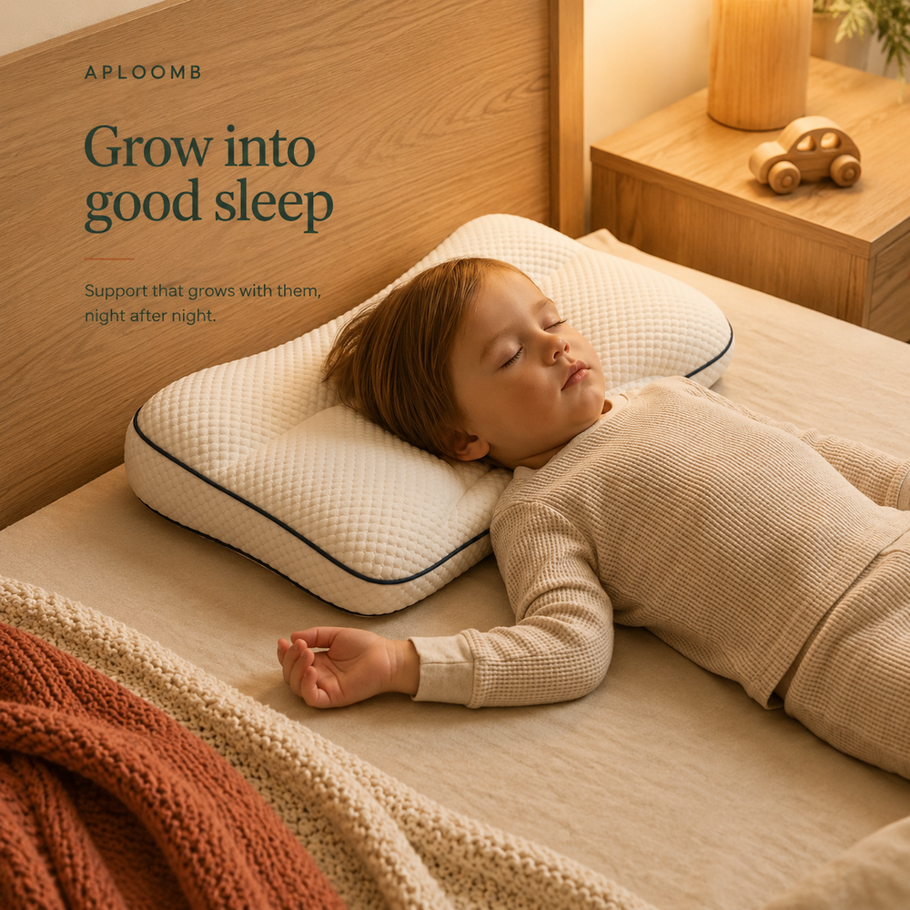 Aploomb ergonomic memory foam kids pillow, front view, sized for ages 1 to 18