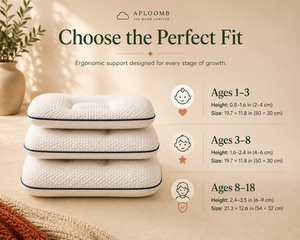Aploomb kids pillow size comparison across the three age ranges: 1-3, 3-8, and 8-18 years
