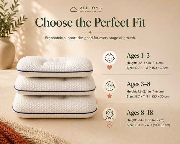 Aploomb kids pillow size comparison across the three age ranges: 1-3, 3-8, and 8-18 years