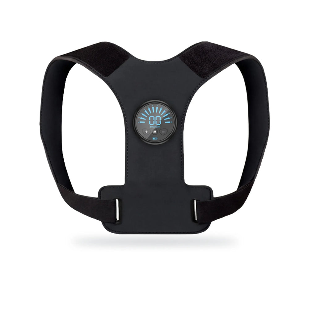 Aploomb PostureFit EMS posture trainer on a white background, front view with the round controller and blue LED ring