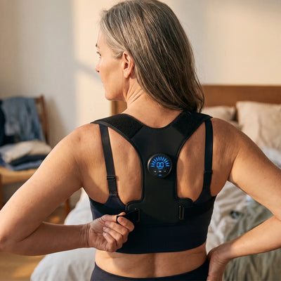 Woman fastening the PostureFit strap across her mid-back in a bedroom