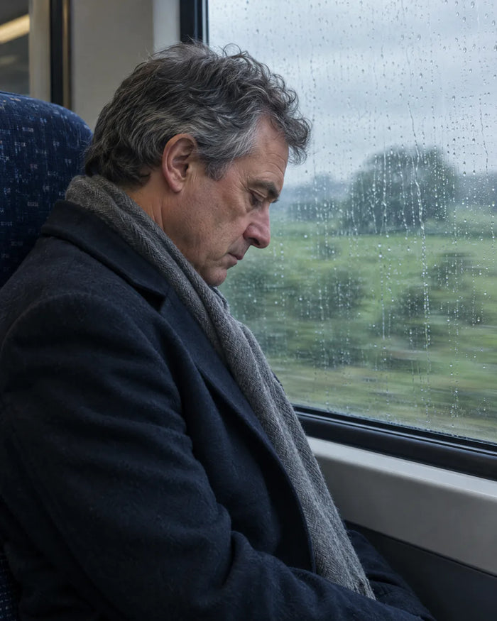 Older man slumped in a train window seat on a long commute, head forward