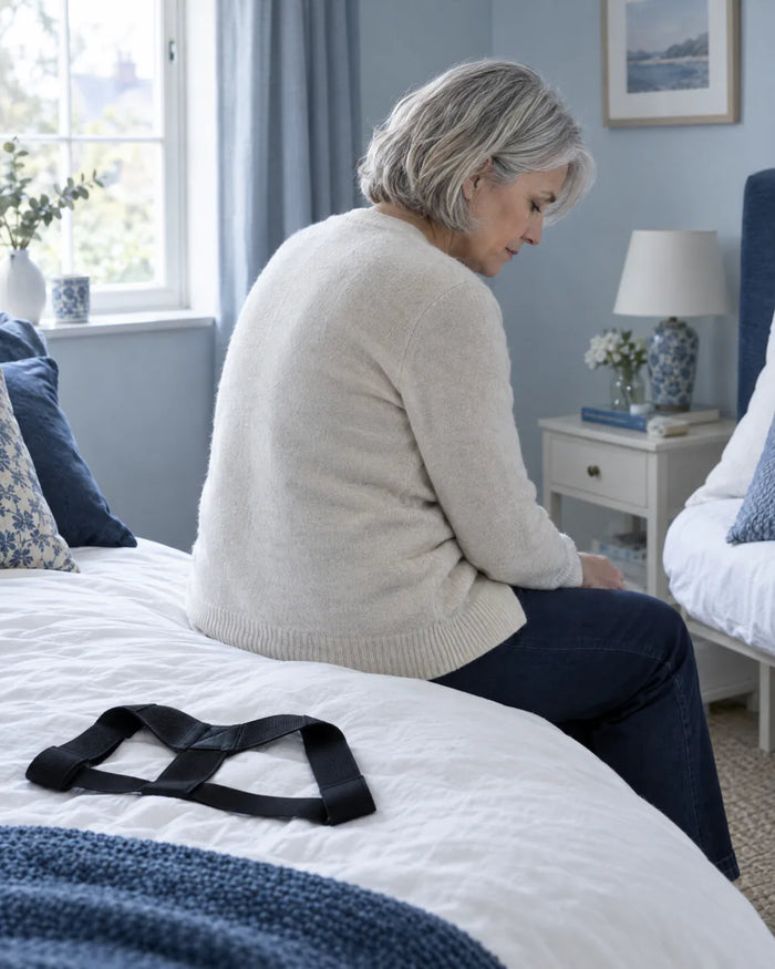 Woman in her sixties sitting on her bed with rounded shoulders, an old posture strap beside her