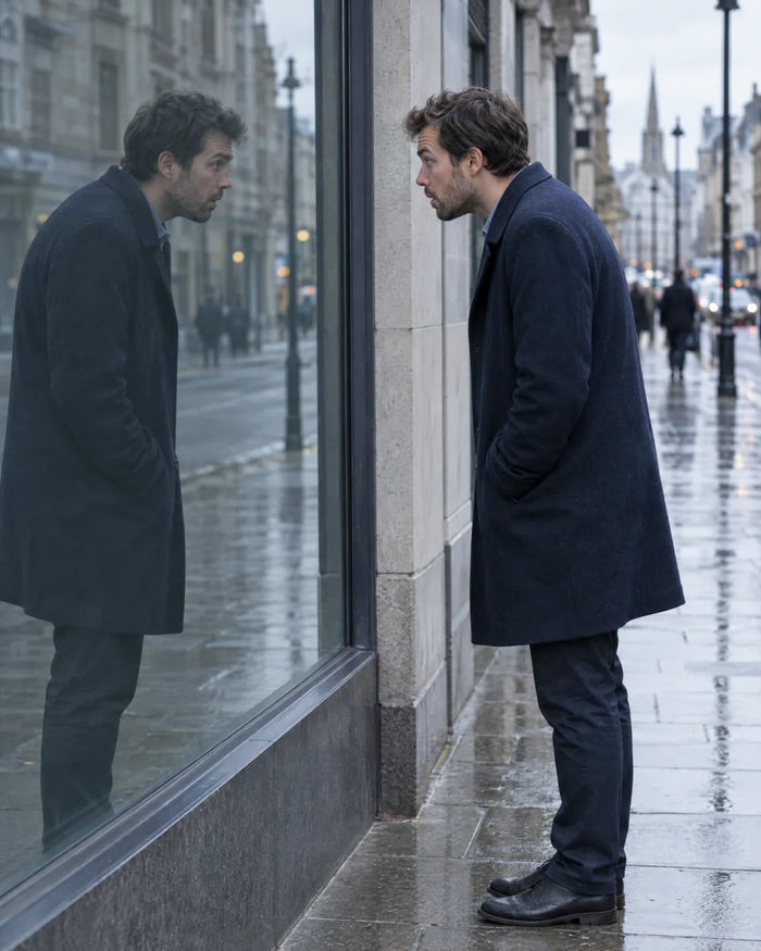 Man in a navy coat noticing his rounded shoulders in a shop-window reflection