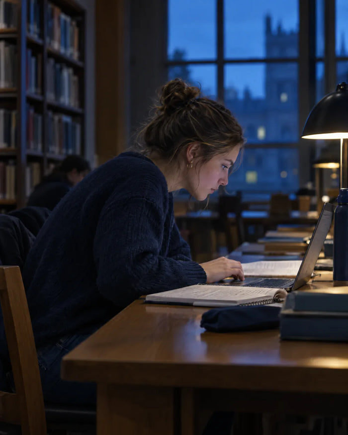 Student hunched over a laptop and notes in a library late in the evening