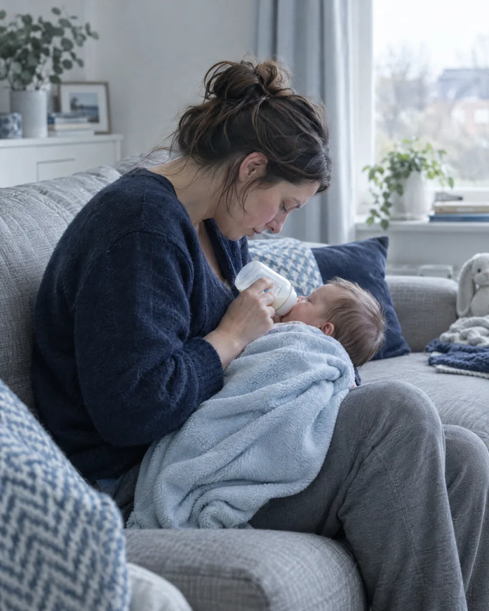 Mother bent forward over her baby while bottle-feeding on the sofa