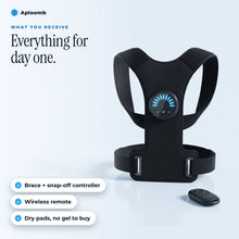 What you receive: the PostureFit brace with snap-off controller and the wireless remote