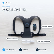 In the box: brace with controller and wireless remote; mist the pads, put it on, press start