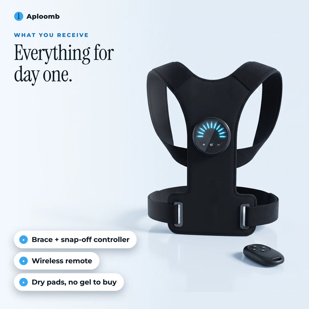 Aploomb PostureFit EMS posture trainer on a white background, front view with the round controller and blue LED ring