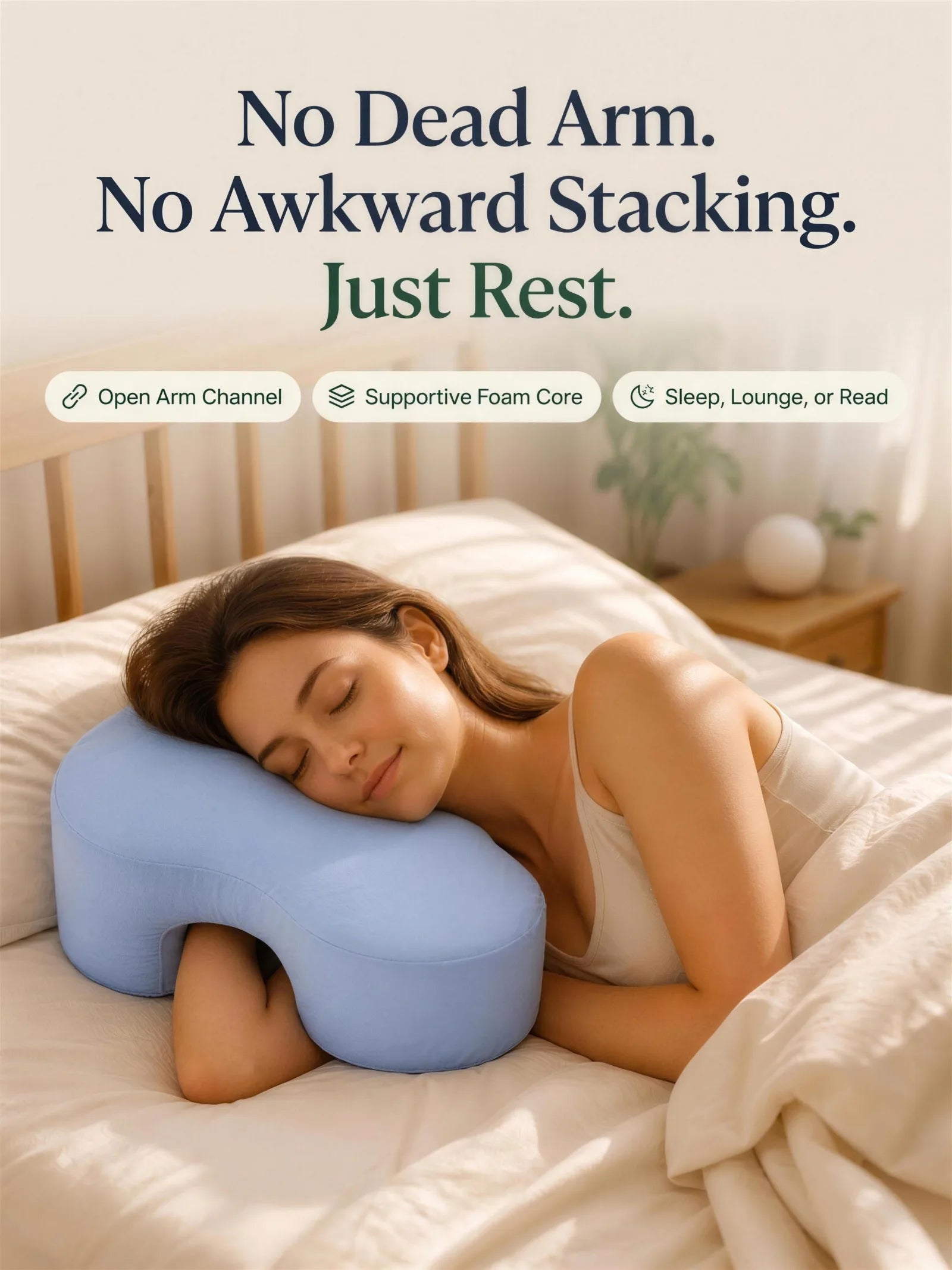 No Dead Arm. No Awkward Stacking. Just Rest. The Aploomb Arm Support Pillow &mdash; Open Arm Channel, Supportive Foam Core, Sleep, Lounge, or Read