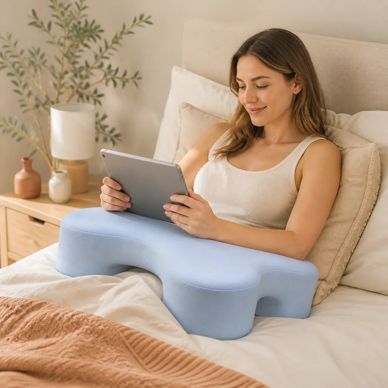Aploomb Arm Pillow in use while reading in bed