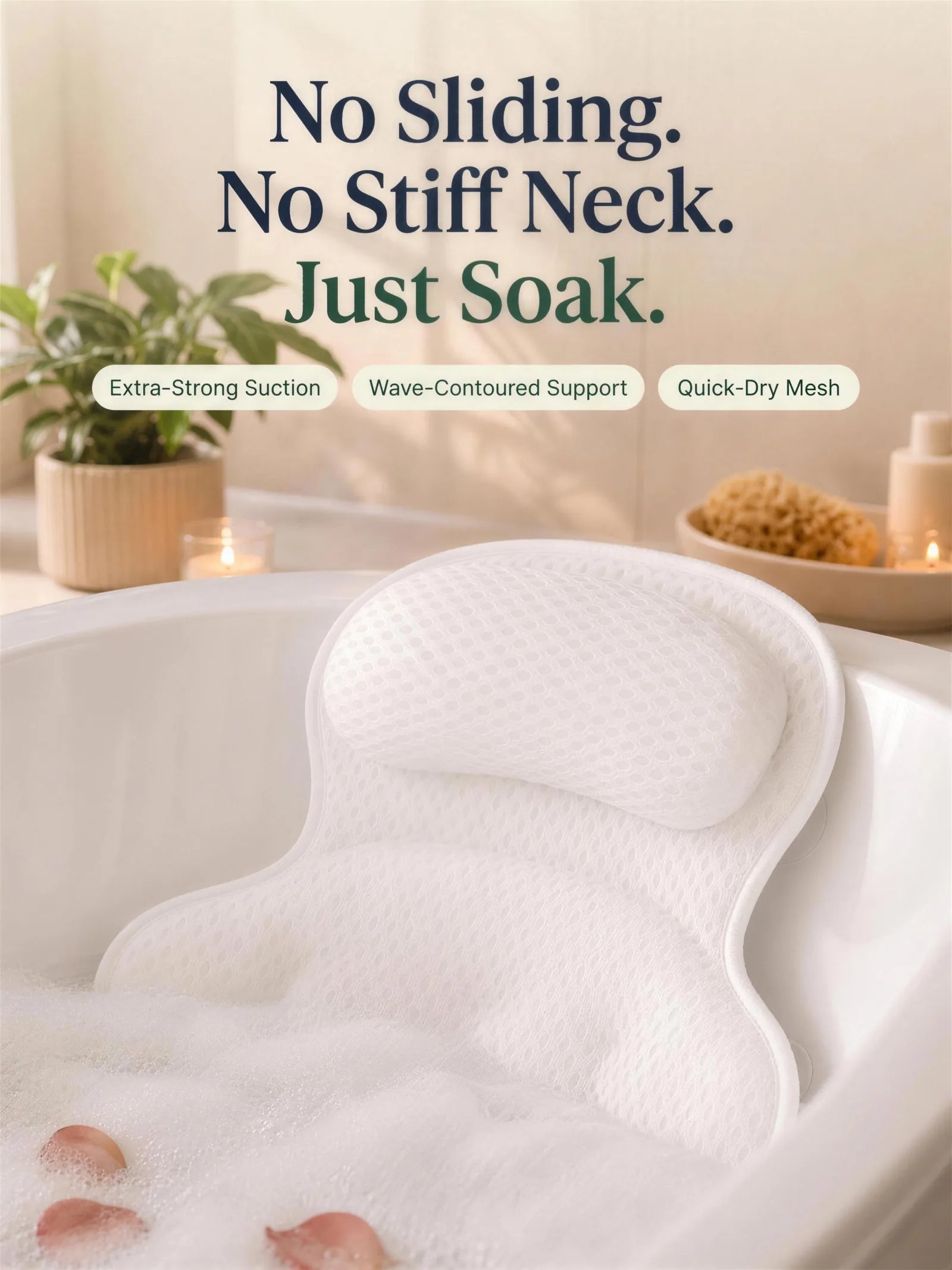 No Sliding. No Stiff Neck. Just Soak. The Aploomb Wave Bath Pillow suction-mounted in a bubble bath &mdash; Extra-Strong Suction, Wave-Contoured Support, Quick-Dry Mesh