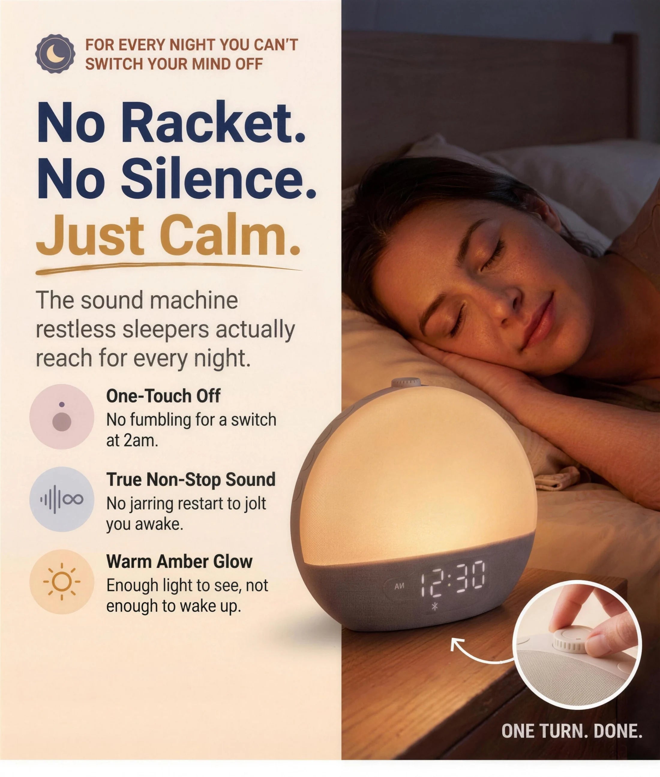 No Racket. No Silence. Just Calm. The Aploomb sound machine restless sleepers actually reach for every night &mdash; One-Touch Off, True Non-Stop Sound, Warm Amber Glow.