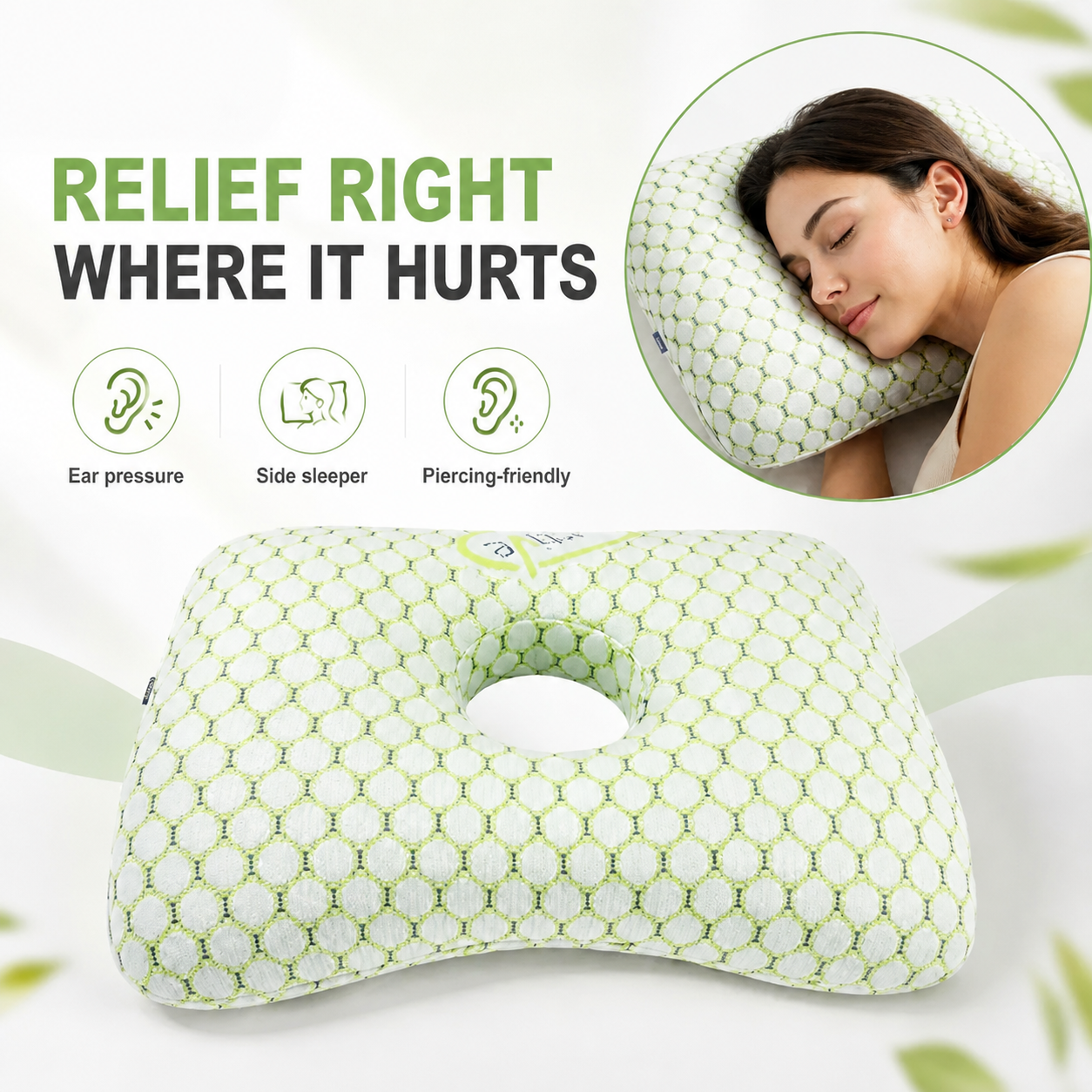 Aploomb Ear Comfort Donut Pillow positioned around the ear while side sleeping