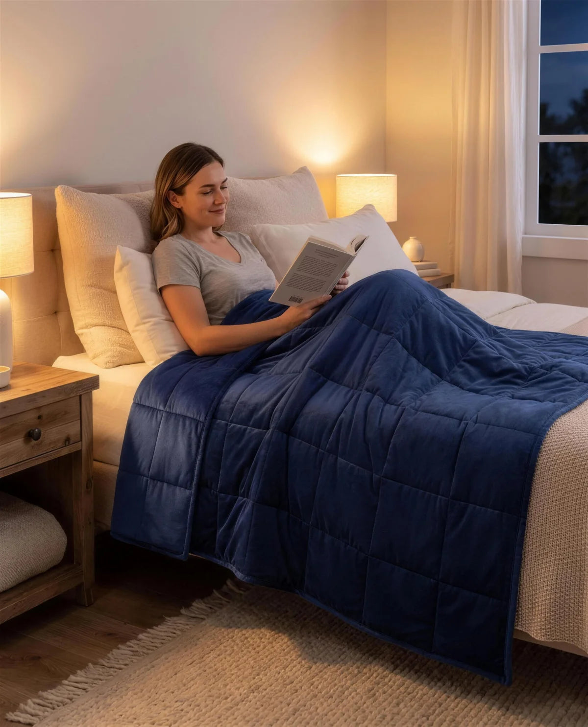 Woman reading in bed wrapped in the Aploomb Weighted Blanket